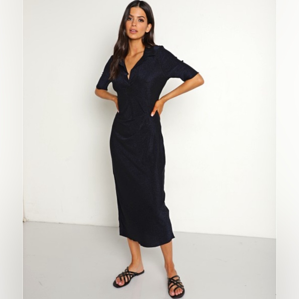 NWT- PISTOLA Vita Polo Dress Navy Shimmer Fabric Soft Sexy Cling Side Sl…